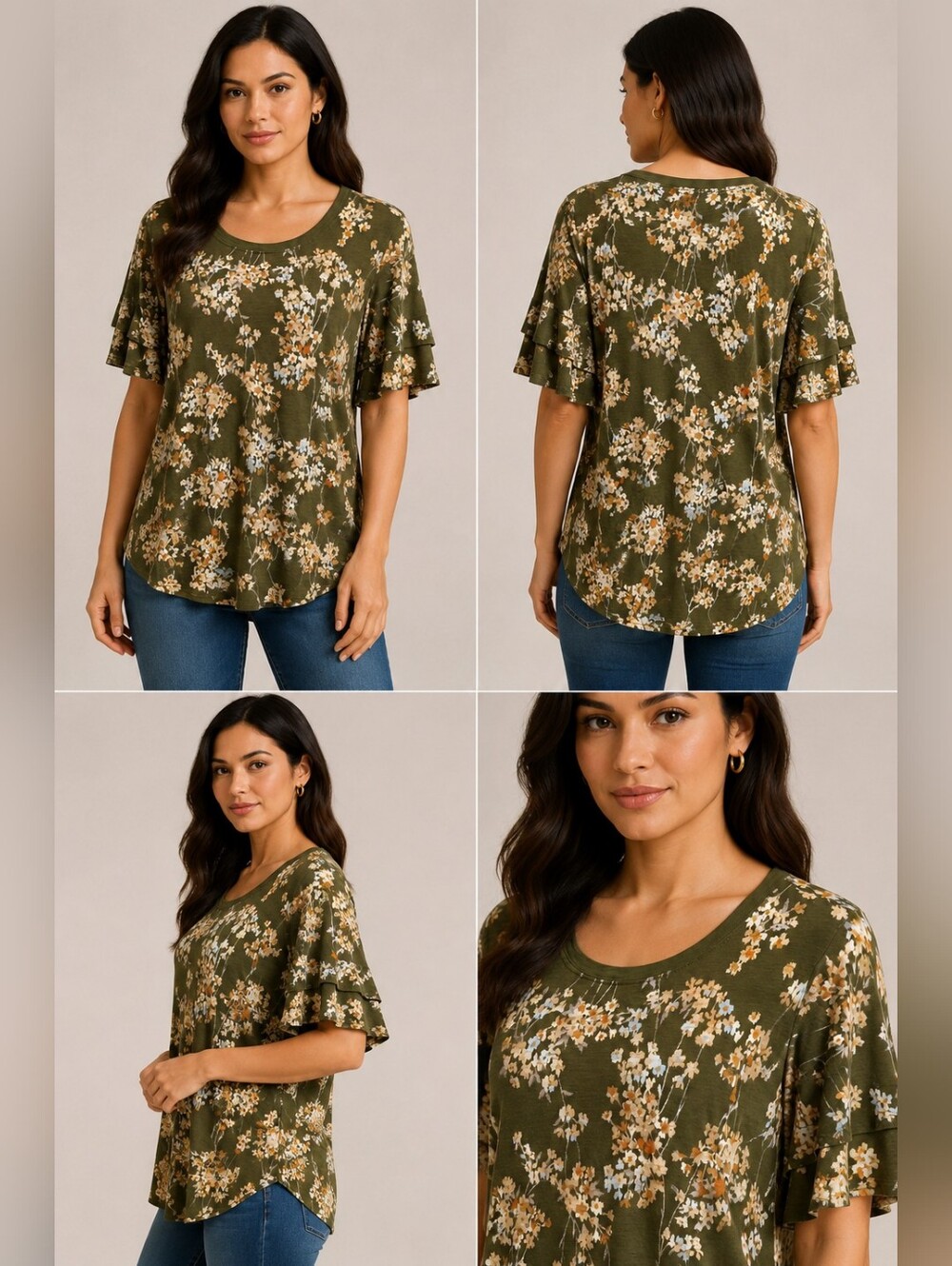 🍏Time and Tru Women's Floral Flutter Sleeve Top – XL (16–18) 100% Cotton